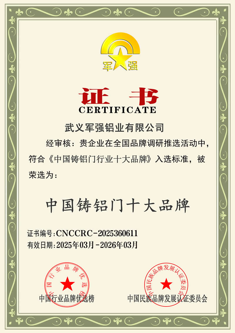 軍強門業榮膺2025年中國鑄鋁門十大品牌稱號